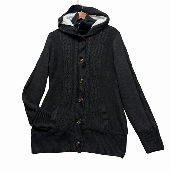 Cozy Sherpa Lined Cable Knit Hoodie Cardigan Sweater Black Sz M Button Zip Front - Picture 1 of 8
